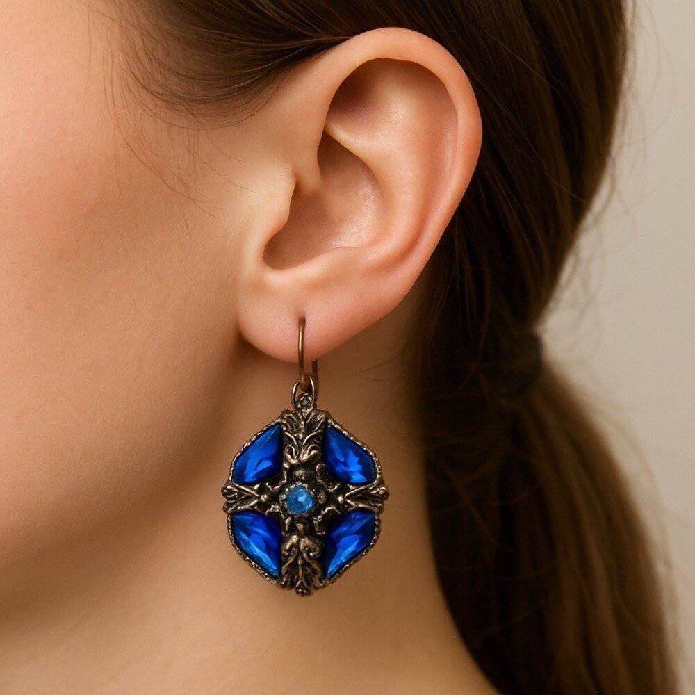 Vintage Artisan Cobalt Blue Glass Drop Earrings Czech Boho Gothic Renaissance